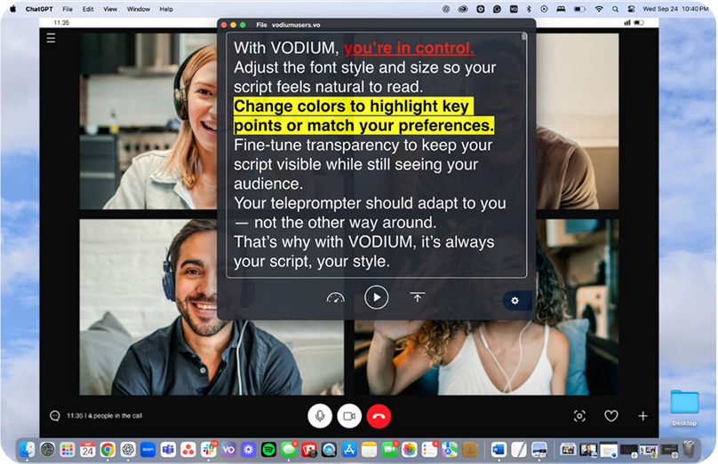Customized VODIUM overlay with highlighted script text on a video meeting