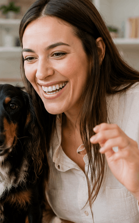 Smiling woman in a light shirt sitting indoors with a small dog