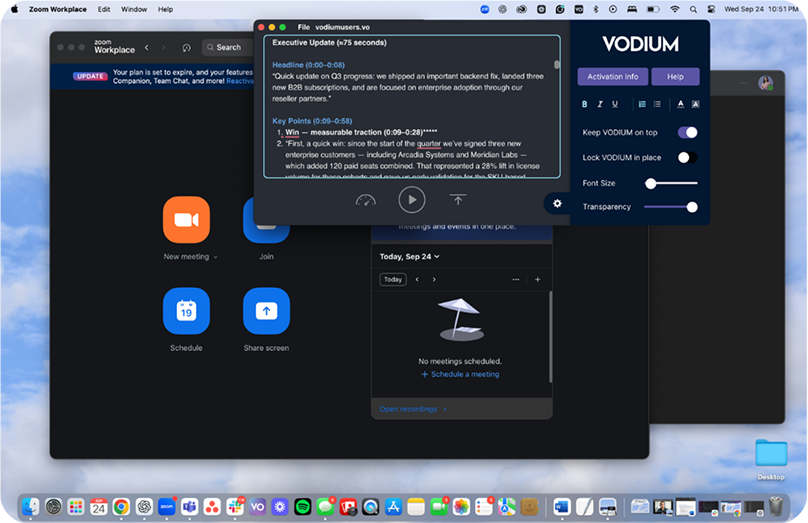 VODIUM application window beside a meeting application