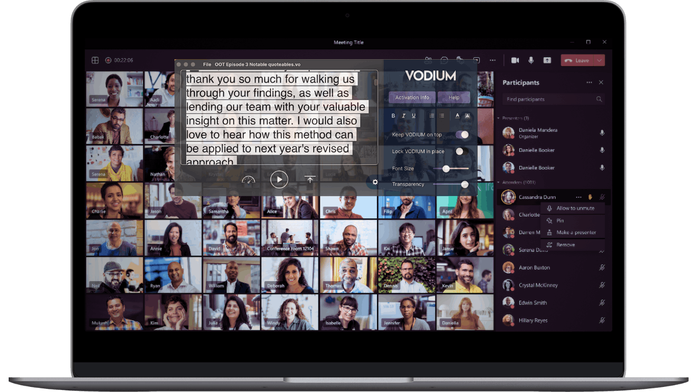 Laptop showing a video meeting with the VODIUM teleprompter overlay on screen