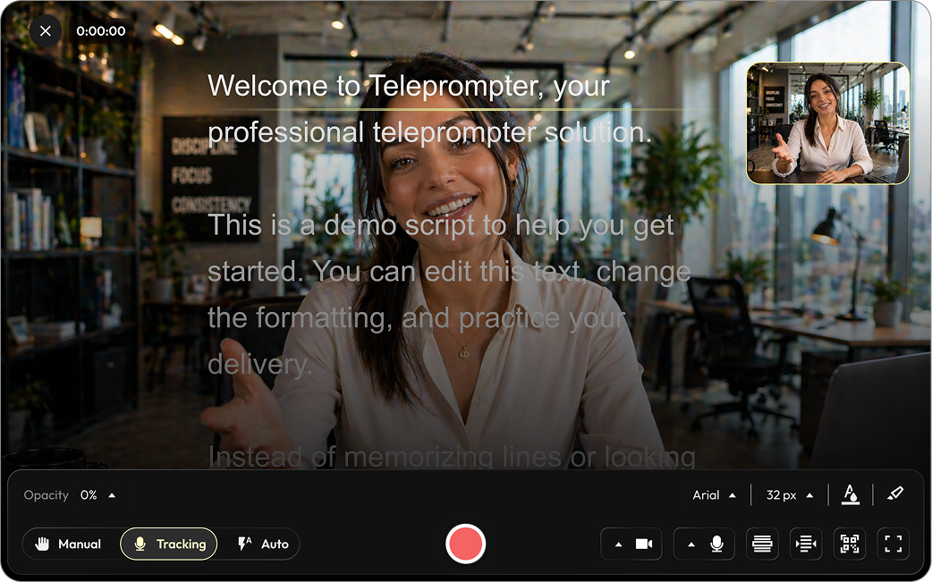 Desktop presenter interface with teleprompter script beside a video meeting