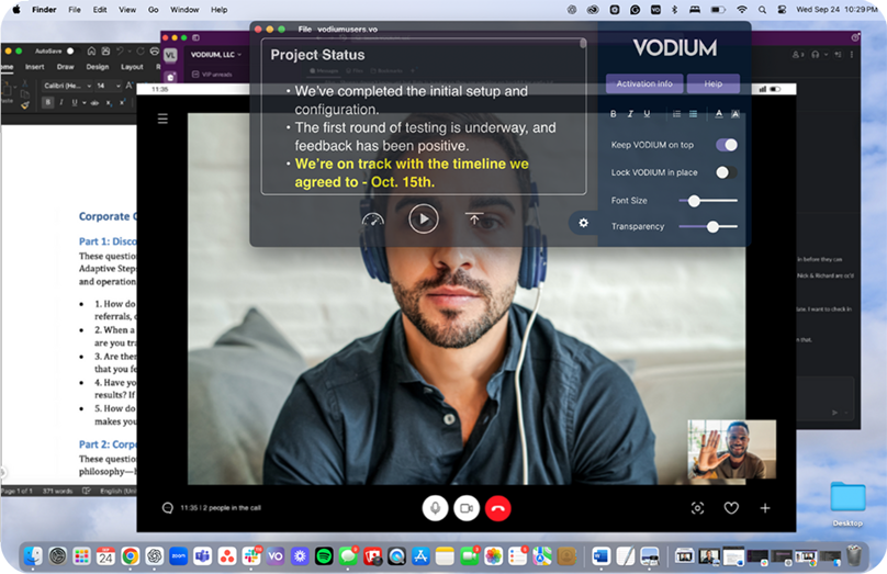 VODIUM overlay showing a script above a video meeting on the desktop